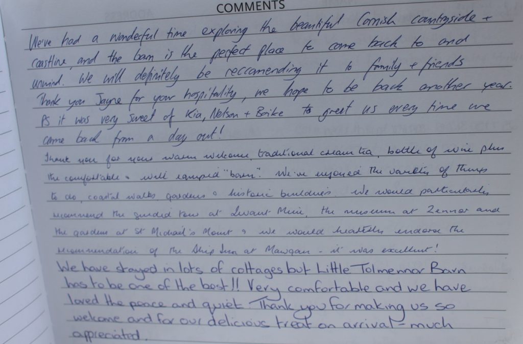 Little Tolmennor Barn Visitors Book Guest Comments